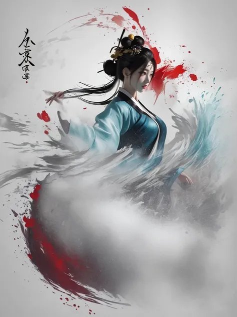 dramatic angle,(fluttered detailed ink splashs), (illustration),(((1 girl))),(long hair),(rain:0.6),((expressionless ,Carmine hair ornament:1.4)),(There is a palace far away from the girl),chinese clothes,((focus on the girl)), color Ink wash painting,(ink...