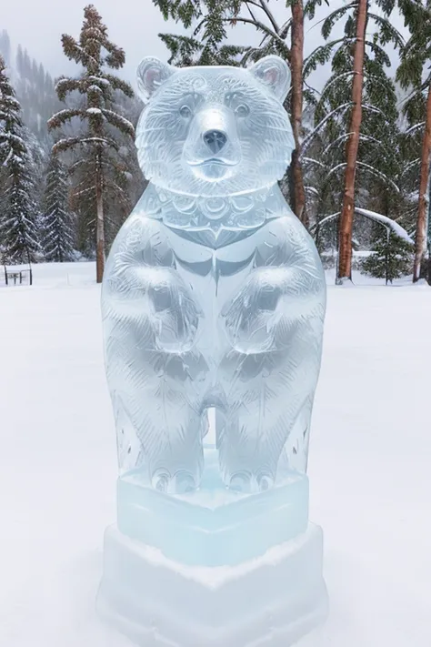 photo of a bear, a bear as a (made_of_ice:1.3),  on a pedestal, modelshoot style, photo of the most beautiful artwork in the wor...