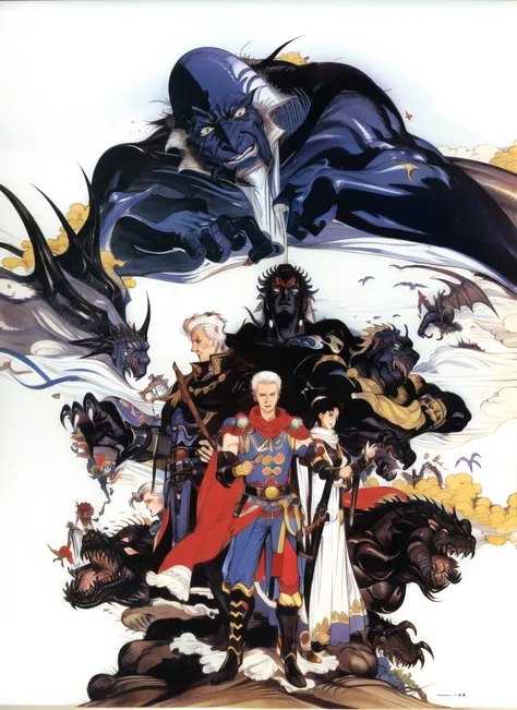 amano yoshitaka,
1990s (style), 6+boys, absurdres, armor, bald, black hair, bomb (final_fantasy), cape, crossbow, dragon, emperor (ff2), final_fantasy, final fantasy ii, frioniel, guy (ff2), highres, josef, leonhart (ff2), maria (ff2), ming-wu, monster, mu...