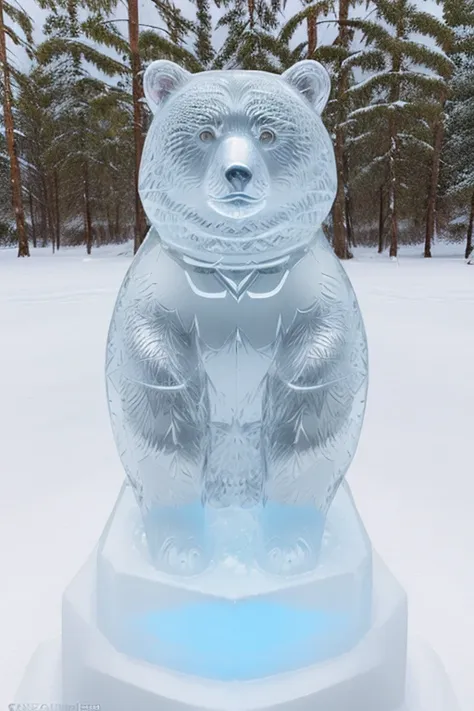 photo of a bear, a bear as a (made_of_ice:1.3),  on a pedestal, modelshoot style, photo of the most beautiful artwork in the wor...