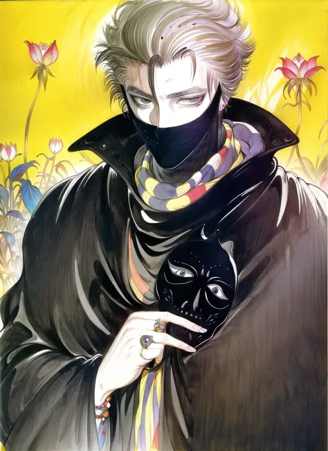 amano yoshitaka,
1boy, beads, black cloak, cloak, cover, cover page, covered mouth, flower, grey eyes, hair slicked back, jewelry, male focus, mask, mask removed, mouth mask, novel cover, pale skin, popped collar, ring, scarf, silver hair, solo, traditiona...