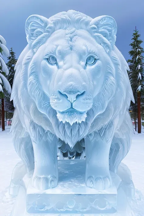 photo of a lion, a lion as a (made_of_ice:1.3),  on a pedestal, modelshoot style, photo of the most beautiful artwork in the wor...