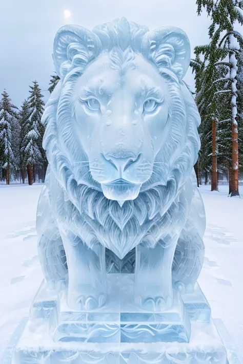 photo of a lion, a lion as a (made_of_ice:1.3),  on a pedestal, modelshoot style, photo of the most beautiful artwork in the wor...