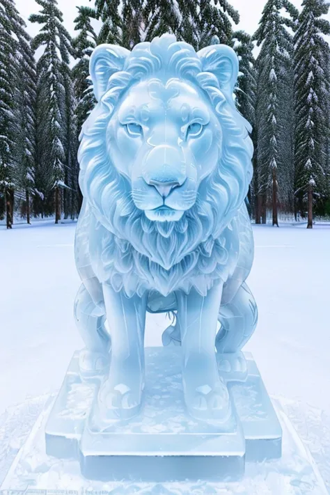 photo of a lion, a lion as a (made_of_ice:1.3),  on a pedestal, modelshoot style, photo of the most beautiful artwork in the wor...