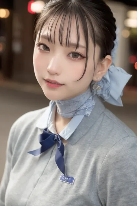 wearing gray anauniform with blue ribbon on neck,(RAW photo, best quality), (realistic, photo-realistic:1.4), masterpiece, an extremely delicate and beautiful, extremely detailed, 2k wallpaper, Amazing, finely detail, extremely detailed CG unity 8k wallpap...