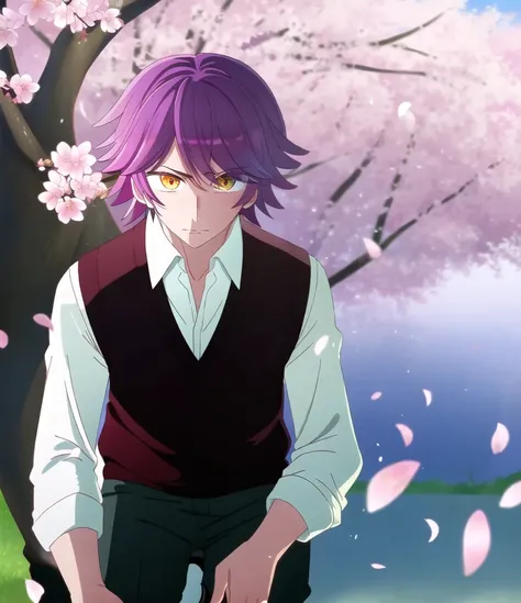 NarushimaMelt; cowboy shot, taking the knee, solo, 1boy, vest, black vest,  white shirt, cherry blossoms, male focus, outdoors, tree, purple hair, shirt, collared shirt, yellow eyes
intricate details
The young boy knelt on one knee, the vibrant pink petals...