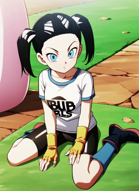 dbsuper style,
1girl, bike shorts, black gloves, black hair, blue eyes, boots, breasts, expressionless, fingerless gloves, gloves, grass, hair tubes, long shirt, looking at viewer, low twintails, shirt, short sleeves, short twintails, sitting, solo, twinta...