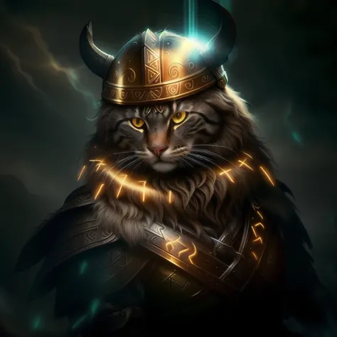 a norwegian forest cat wearing a viking helmet, golden eyes, GlowingRunesAIV2_paleblue <lora:GlowingRunesAIV6:1>, cinematic lighting