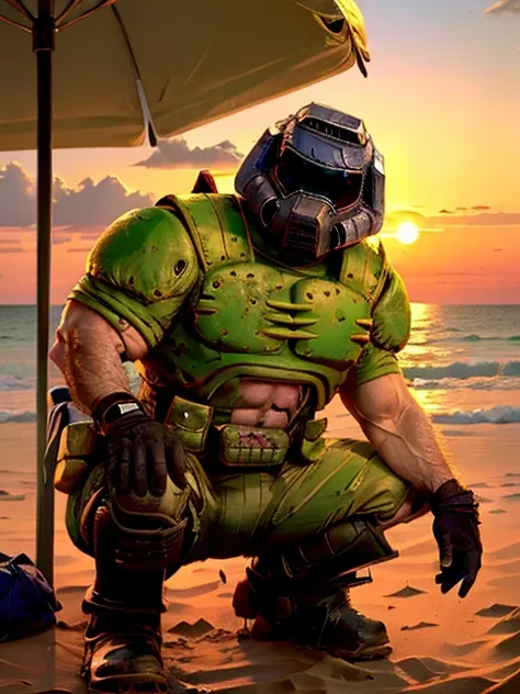 (doomguy:1.2), kneeling, arms behind back, squatting, beach, beach umbrella, sunset, beach towel, full full body, 
 <lora:doomguy-15:1>