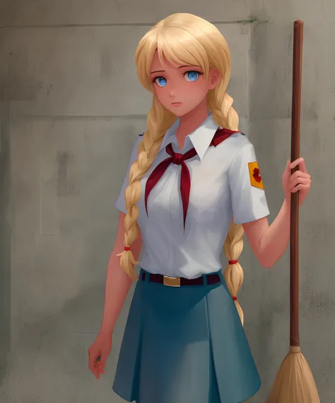 (sl:1.1), 1girl, solo, broom, blue eyes, braid, twin braids, blonde hair, skirt, long hair, holding broom, shirt, looking at viewer, short sleeves, blue skirt, white shirt, holding, cowboy shot, collared shirt, hair over shoulder, neckerchief, red neckerch...