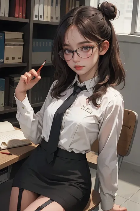 (best quality, masterpiece), 1girl, garter straps, pencil skirt, office lady, glasses, hair bun, necktie, collared shirt, leaning back,