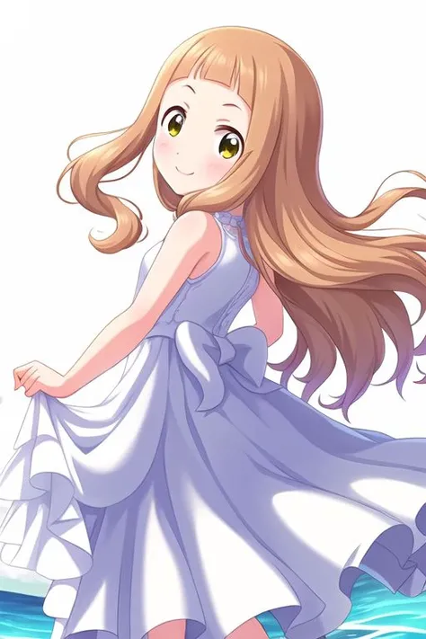 Ichihara Nina,
1girl, bare arms, bare shoulders, barefoot, beach, blush, brown eyes, brown hair, closed mouth, dress, frilled dress, frills, long hair, looking at viewer, looking back, pleated dress, sand, sleeveless, sleeveless dress, smile, soles, solo, ...