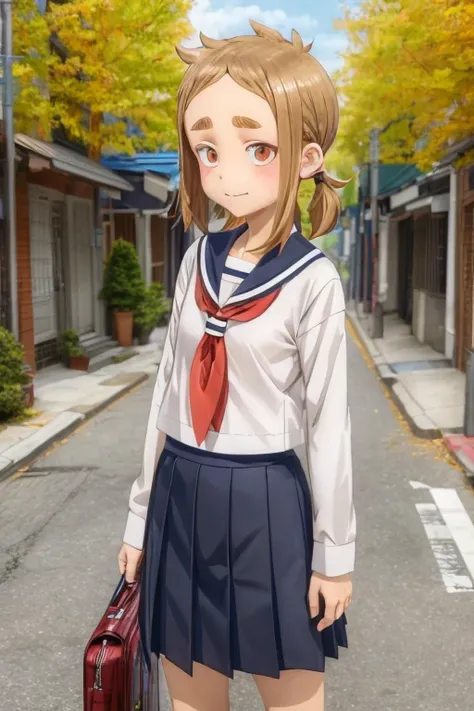 1girl, mina_hibino, forehead, short hair, brown hair, sidelocks, low twintail, brown eyes, school uniform, white shirt, sailor collar, serafuku, blue skirt, short skirt, (city:1.3), :d <lora:mina_hibino:0.7>  <lora:add_detail:1>