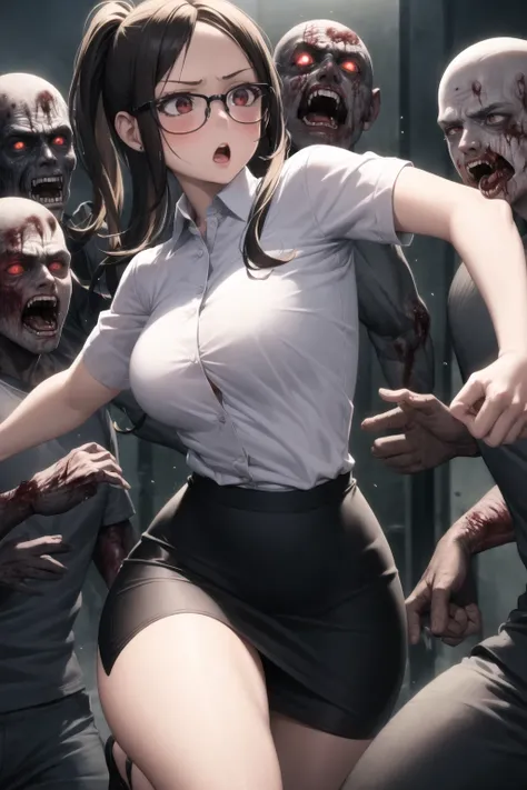 <lora:zombie_v1.3:1> 
1girl, multiple boys, zombie, scared, :o, white shirt, pencil skirt, glasses, trapped, motion blur, fighting stance,, masterpiece, best quality, highly detailed