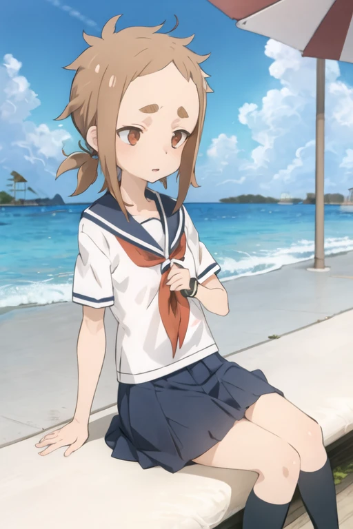 1girl, mina_hibino, forehead, short hair, brown hair, sidelocks, low twintail, brown eyes, school uniform, white shirt, sailor collar, serafuku, blue skirt, short skirt, (beach:1.3), sitting <lora:mina_hibino:0.7>