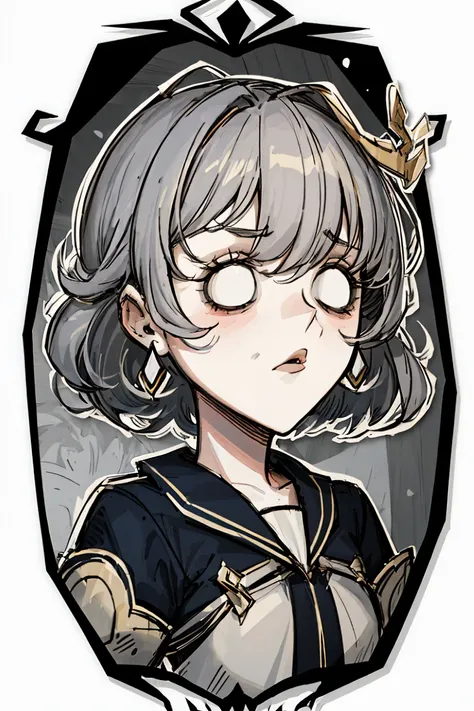 best quality, masterpiece, girl, worried, blank eyes, grey hair, (slightly open mouth:0.6), earring, short hair, upper body, light, stage, simple background <lora:DST_v1-08:0.9>