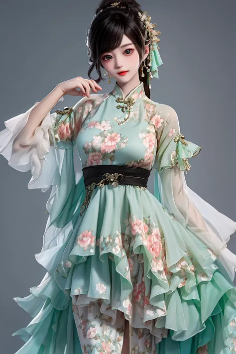 masterpiece, best quality,newchinesestylesuit,,1girl , looking at viewer, full body, simple background, mint green dress,