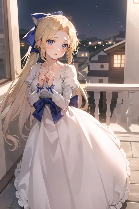 masterpiece, best quality, celes chere, white ballgown, hair bow, blue ribbon, nighttime, standing on balcony, village, open mou...