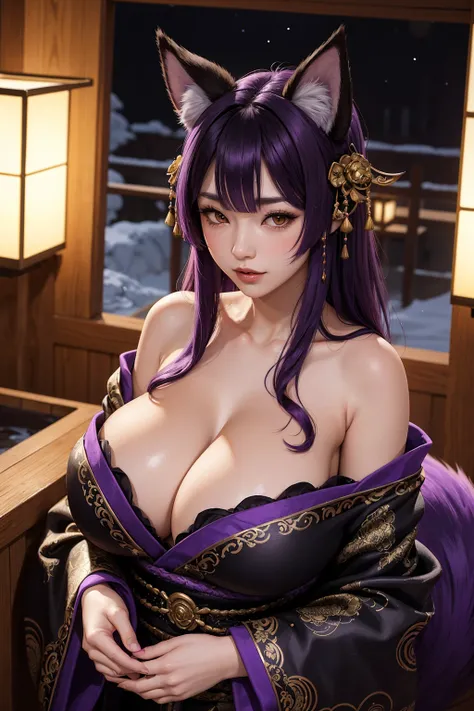 A 28 year old female foxgirl with fox ears with huge breasts and purple hair wearing a luxurious ornate black kimono and hair ornaments in Japanese onsen at night