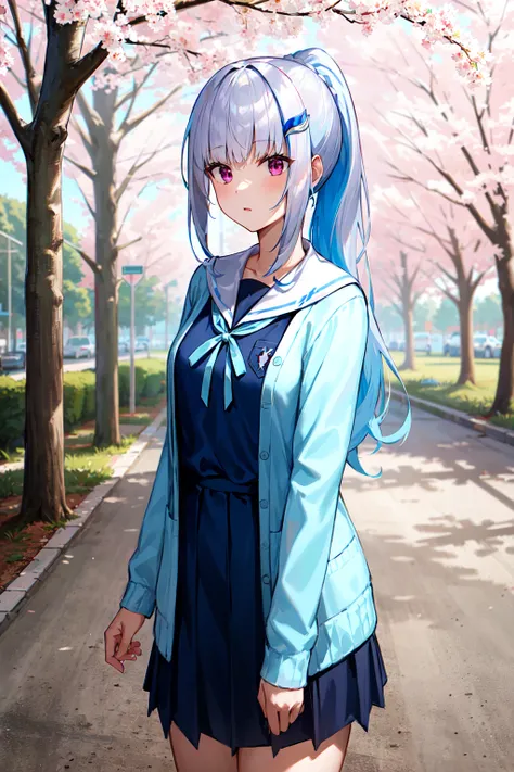 masterpiece, best quality, highres, lh1, hair_ornament, long hair, ponytail, serafuku, blue shirt, open cardigan, blue cardigan, sailor collar, long sleeves, blue ribbon, school uniform, <lora:lize_helesta_v10:0.7>, cowboy shot, standing, outdoors,