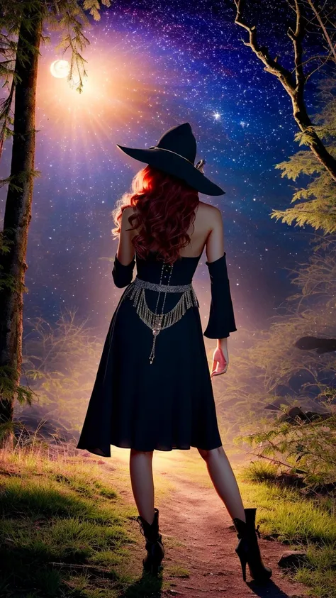 TeaganPresley, , Fiery red hair, and Pixie cut, Lean body,  Looking over the shoulder pose,  magical forest, dark night sky, crescent moon, ancient ruins, glowing crystals, purple aura, pointed hat, black cloak, glittering stars, misty smoke, mysterious au...