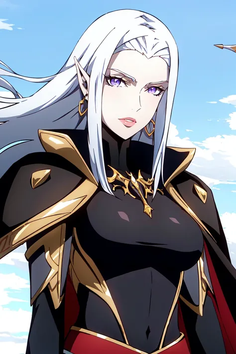 castlevania style,   1girl, black coat, silver details, hood, between breasts, white hair, purple eyes, breasts, black cape,circlet, earrings, elf, forehead jewel, gloves, jewelry, lips, long hair, long pointy ears, looking at viewer, medium breasts, multi...