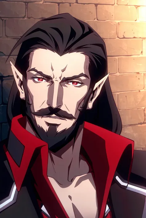 castlevania style, 1boy, facial hair, male focus, solo, pointy ears, red eyes, long hair, mustache, beard, vampire, looking at viewer, brick wall, black hair, brown hair, upper body
, ((masterpiece))
<lora:castlevania_style_offset:1>