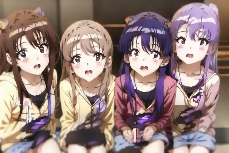 4girls, bangs, blush, brown_eyes, brown_hair, eyebrows_visible_through_hair,  long_hair, looking_at_viewer, microphone, open_mou...