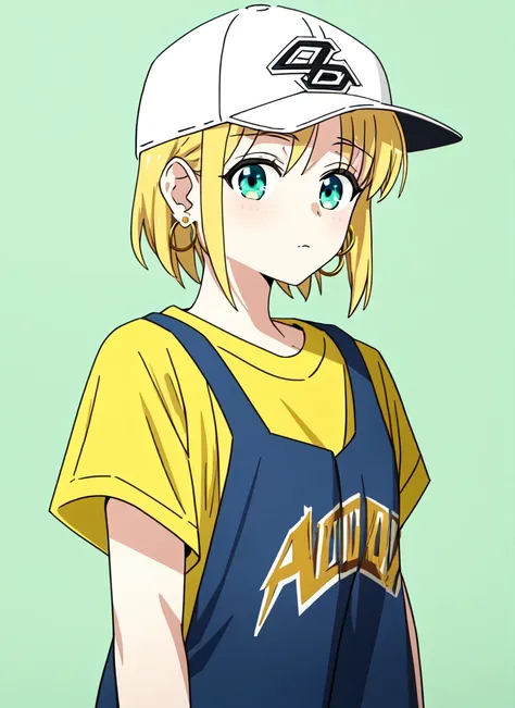 <lora:bocchi_style_offset:1> bocchi style, masterpiece, best quality, 1girl, aqua eyes, baseball cap, blonde hair, closed mouth, earrings, green background, hat, hoop earrings, jewelry, looking at viewer, shirt, short hair, simple background, solo, upper b...