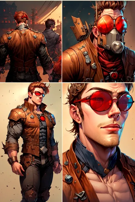 (photorealistic), (dramatic), (fantasy render), concept art, (full torso), (3/4 view:1.17), Star Lord steampunk style, ((Peter Quill|Chris Pratt)), brass:0.9, metals, gears, intricate, weathered, (red leathers:1.33), ((red lens spectacles:1.35)), realistic...