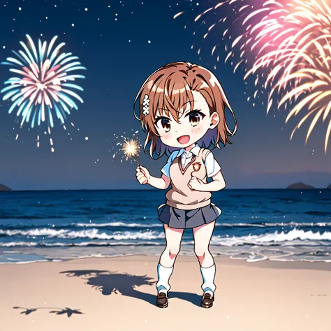 masterpiece, best quality, <lora:PCR:0.3>, pcr, chibi,, new_misaka_mikoto,1girl,solo,misaka mikoto,brown hair,brown eyes,white flower hair ornament,short hair, small breasts, bangs,hair between eyes,collarbone,tokiwadai school uniform,pleated skirt,white v...