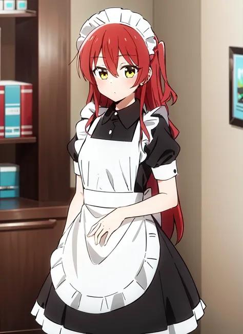 <lora:bocchi_style_offset:1> bocchi style, 1girl, alternate costume, apron, black dress, copyright name, cowboy shot, dress, enmaided, frilled apron, frills, hair between eyes, long hair, maid, maid headdress, one side up, red hair, solo, white apron, indo...