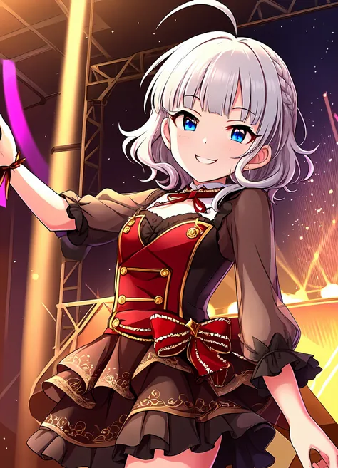 1girl, petite, absurdres, best quality, sharp focus, solo, (white hair, short hair, medium hair, messy hair, wavy hair, silver hair, ahoge, blunt bangs:1.2), blue eyes, live stage, idol outfit, frills, ribbons, flat chest, (smug:1.1), (slight smile:1.25)
<...