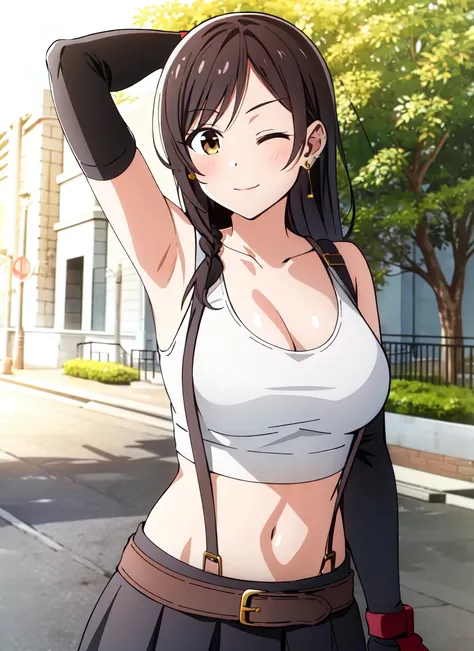 <lora:bocchi_style_offset:1> bocchi style, tifa lockhart, 1girl, thick lips, arm up, armpits, artist name, belt, black hair, breasts, brown eyes, cleavage, closed mouth, collarbone, cowboy shot, crop top, earrings, elbow gloves, elbow pads, gloves, jewelry...