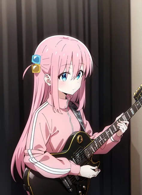 <lora:bocchi_style_offset:1> bocchi style, gotou hitori, 1girl, blue eyes, closed mouth, cube hair ornament, grey skirt, guitar, hair between eyes, hair ornament, hair over eyes, holding, holding instrument, instrument, jacket, long hair, long sleeves, mus...