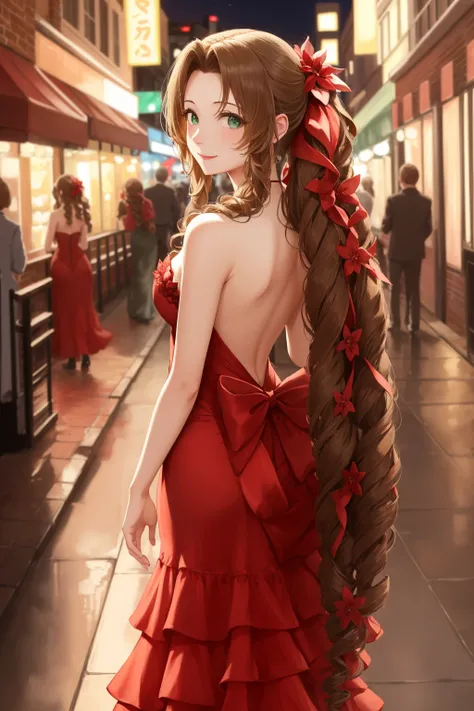 masterpiece, best quality, aerith gainsborough, very long hair, hair ribbons, hair flowers, strapless red dress, looking at viewer, from behind, city street, smile, nighttime <lora:aerith-nvwls-v1-000010:0.9>