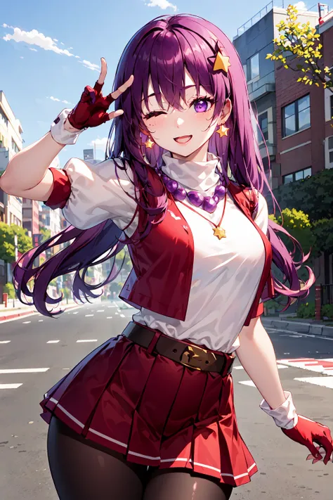 (masterpiece, top quality, best quality, official art, beautiful and aesthetic:1.2), (1girl:1.3), (fractal art:1.3), 
solo, athena97,
purple eyes,one eye closed,purple hair, long hair, earrings, red hairband, (puple spherical necklace:1.5),star hair orname...