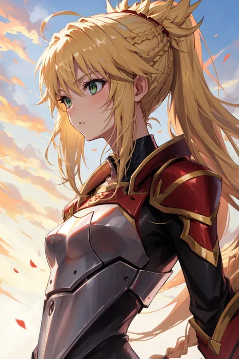 mordred (fate), ponytail, green eyes, braid, <lora:Mordred:0.9>