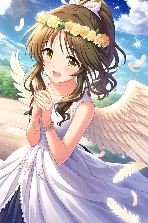 Takamori Aiko,
1girl, :d, angel wings, back bow, bare shoulders, blue ribbon, blush, bow, bracelet, brown hair, collarbone, dress, feathered wings, feathers, fingernails, flower, flower bracelet, frilled dress, frills, from above, head wreath, jewelry, len...