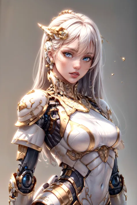 masterpiece, solo, detailed face, intricate iris, thick lips, robot girl,(gold and shite skin),(long flowing white hair),swept bangs,upper body,medium breasts,
realistic illustration of a (cyborg girl),(blue eyes),IvoryGoldAI,(freckles),
(goldand white  ar...