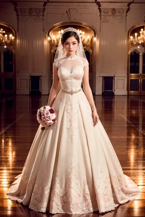 realistic, realistic details, detailed, (((1 girl, solo, standing, perspective, wedding dress, ballroom, intricate detail, beautiful, sharp focus, depth of field, detailed background))) (ulzzang-6500-v1.1:0.2)