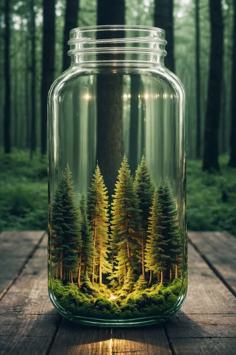 (An intricate forest minitown landscape trapped in a bottle), atmospheric oliva lighting, on the  table, 4k UHD, dark vibes, hyper detailed, vibrant colours forest background, epic composition, octane render, sharp focus, high resolution isometric