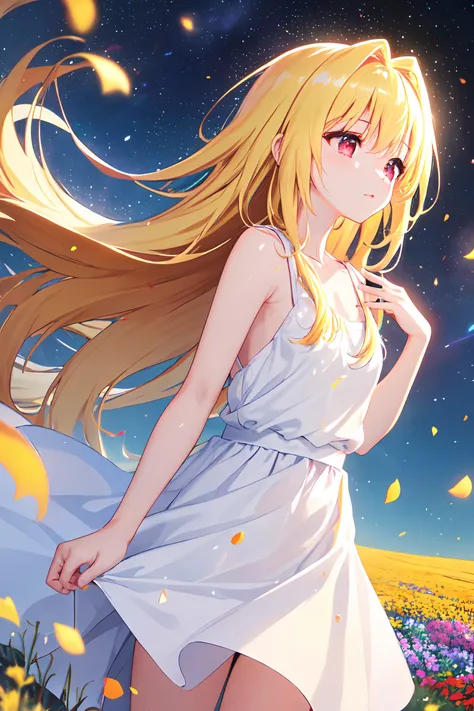 (masterpiece:1.6, best quality), (finely detailed beautiful eyes: 1.2), phyami, yaminor, lanpla, 1girl, long hair, blonde hair, solo, flower field, white dress, planet, starry sky, petals, scenery, floating hair, night, sleeveless, sundress, very long hai...