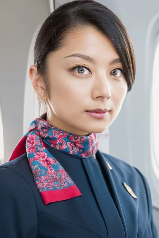 jal uniform,a woman in a uniform and red neck scarf,(RAW photo, best quality), (realistic, photo-realistic:1.4), masterpiece, an extremely delicate and beautiful, extremely detailed, 2k wallpaper, Amazing, finely detail, extremely detailed CG unity 8k wall...