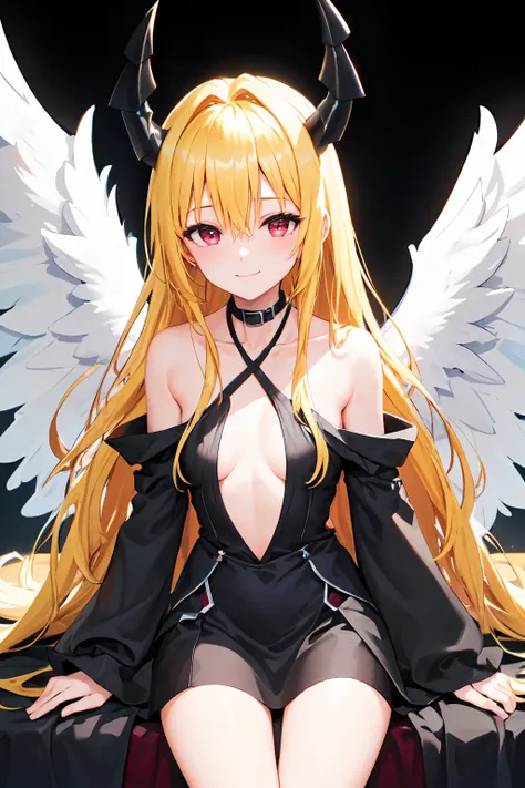 (masterpiece:1.6, best quality), (finely detailed beautiful eyes: 1.2), phyami, yamidarkness, 1girl, solo, blonde hair, wings, long hair, horns, red eyes, black wings, bare shoulders, hair intakes, collarbone, choker, demon horns, halterneck, feathered win...
