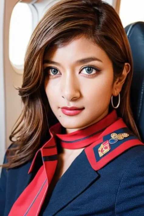 jal uniform,a woman in a uniform and red neck scarf,(RAW photo, best quality), (realistic, photo-realistic:1.4), masterpiece, an extremely delicate and beautiful, extremely detailed, 2k wallpaper, Amazing, finely detail, extremely detailed CG unity 8k wall...