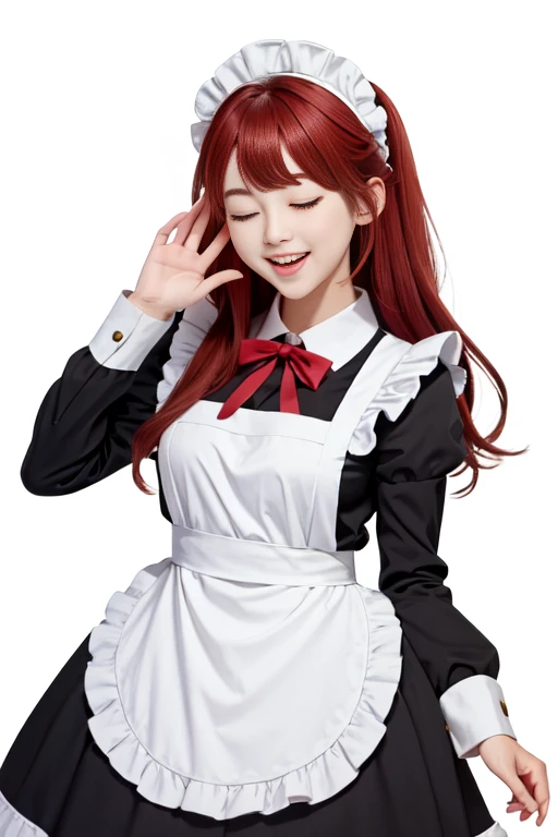 maid_cosplay, ;d, solo, enmaided, simple background, looking at viewer, long sleeves, 1girl, green eyes, maid headdress, bangs, apron, long hair, maid, one side up, smile, red hair, one eye closed, open mouth, maid apron, white apron, white background<lora...