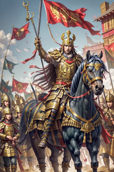 masterpiece, best quality,eaba, horse, horseback riding, riding, flag, weapon, holding, outdoors, army, solo focus, soldier, male focus, polearm, multiple boys, banner, shoulder armor, war, holding weapon, 6+boys, facial hair, reins