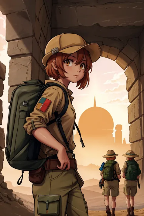 (camel:1.3) 2girls 2boys adventuring in ancient desert ruins, khaki clothes hats and backpacks cargo (masterpiece:1.2) (illustration:1.2) (best quality:1.2) (detailed) (intricate) (8k) (cinematic lighting) (sharp focus)