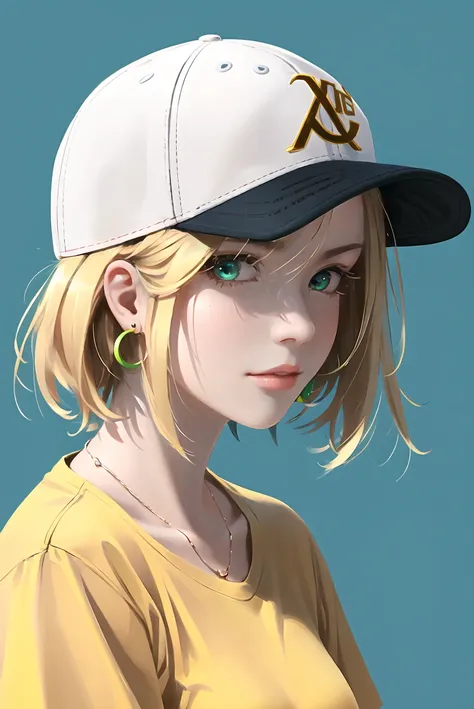 wlop,  masterpiece, best quality, 1girl, aqua eyes, baseball cap, blonde hair, closed mouth, earrings, green background, hat, hoop earrings, jewelry, looking at viewer, shirt, short hair, simple background, solo, upper body, yellow shirt <lora:wlop_offset:...